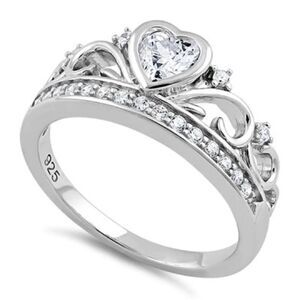 Sterling Silver Heart Crown Clear CZ Ring Sizes 7,8,10